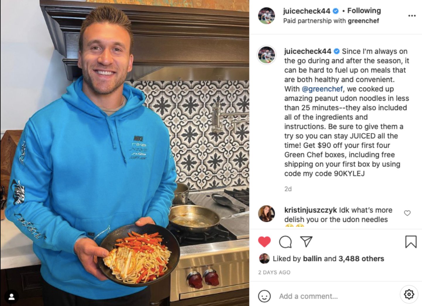 Kyle Juszczyk cooking a Green Chef meal, Instagram post