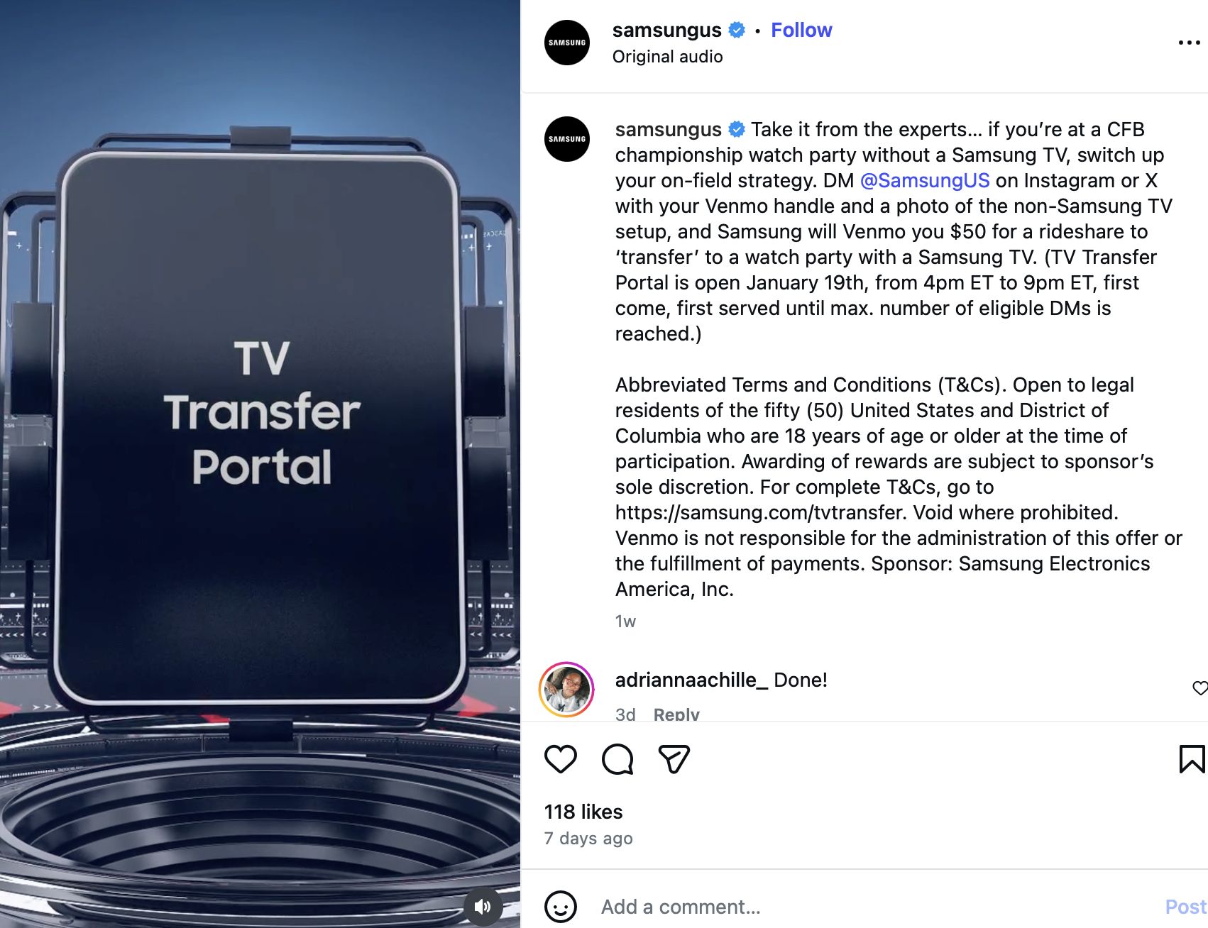 Samsung TV Transfer Portal social post